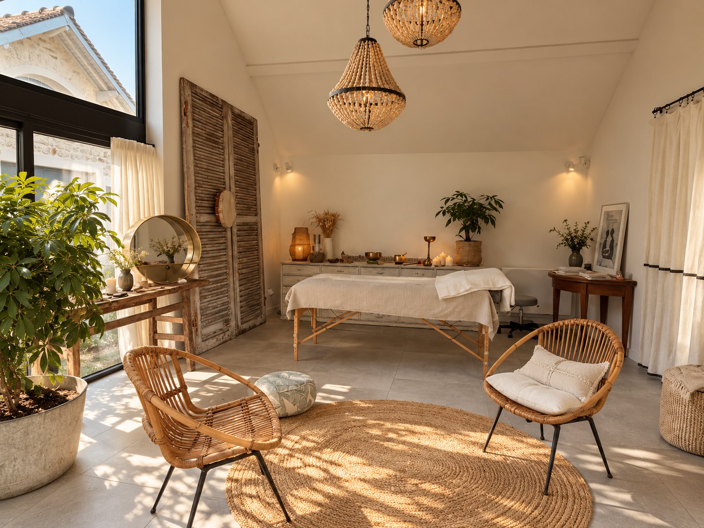 Le cabinet : deux fauteuils en rotin sur un tapis de jute rond, une table de massage drapée de blanc, une grande plante et une fenêtre au fond de la pièce