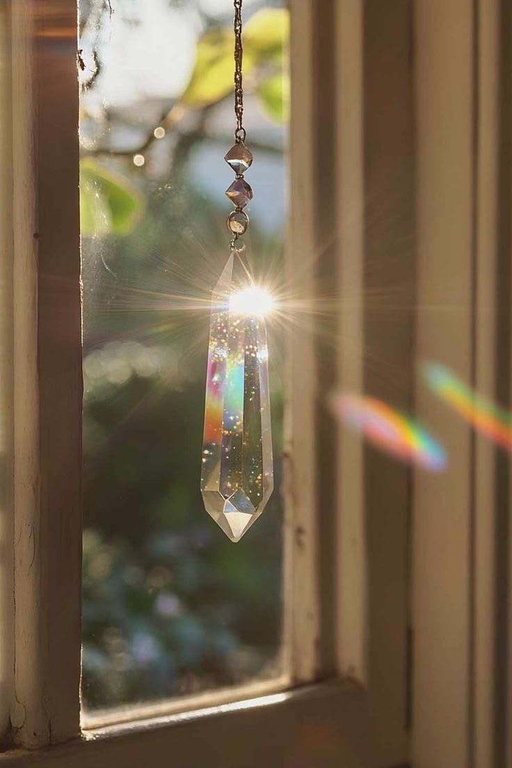 Un cristal facetté suspendu à une fine chaîne dorée devant une fenêtre, traversé par la lumière du soleil qui diffuse des reflets arc-en-ciel